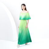 women's clothing  early spring new gradual change holiday wind one-word shoulder ruffle edge holiday printing long dress