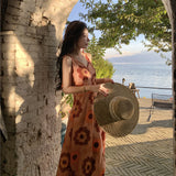 2025 retro orange v-neck printed suspender dress for women's summer new seaside vacation super good-looking temperament dress
