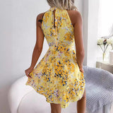 New Popular trade 2025 women's clothing popular summer sleeveless neck skirt lace-up waist floral dress
