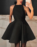 woloong Black Satin High-Waisted Sleeveless Halter Neck Dress