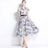 niche retro print dress women's fashion elegant lapel single-breasted waist and thin knee shirt skirt