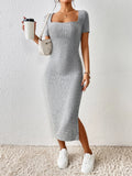 woloong CozyKnit short sleeve square collar slim fit slit knit dress
