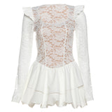 2025 style popular winter new women's clothing exquisite lace hollow lace contrasting color splicing long-sleeved dress