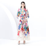 Early Spring - Vacation Style Suit Collar Long Sleeve Wide Swing Wave Edge Floral Print Long Dress