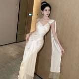 2025 high-end sense niche satin temperament suspender morning robe female bride engagement certificate white dress photo dress