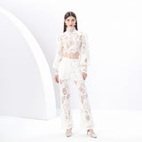 women's clothing  early spring new vacation style stand-up collar hollow lace lantern sleeve top trousers two-piece set