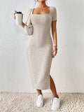 woloong CozyKnit short sleeve square collar slim fit slit knit dress
