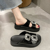 WOLOONG Women's Square Buckle Rhinestone Double Strap Platform Slippers