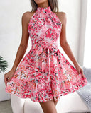 New Popular trade 2025 women's clothing popular summer sleeveless neck skirt lace-up waist floral dress