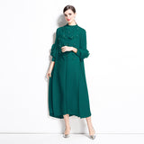 Miyake three-dimensional flower long dress women's new solid color bead applique bubble sleeve disc flower semi-turtleneck pleated dress