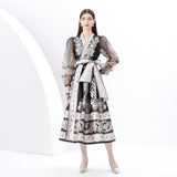 Women's Clothing  Early Spring - Vacation Wrap Lace-Up Style V-Neck Lantern Sleeve Long Vintage Printed Dress