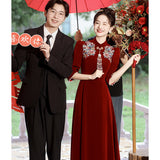 New Chinese Cheongsam Toast Bridal Engagement Wedding Evening Dress Red  New Velvet Long Sleeve Dress