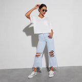 2025 Hot trade  New women's clothing ripped jeans casual loose high-waisted straight-leg pants fashion temperament washed trousers