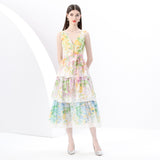 Early Spring - Vacation Style V-Neck Sleeveless Wide Swing Wave Edge Cake Floral Print Long Dress