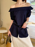2025  spring new retro women's clothing Korean version new sexy one-word collar striped shirt women 25231