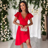Popular trade 2025 women's clothing popular summer new sexy V-neck pleated waist lotus leaf sleeve solid color dress