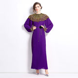 senior celebrity Fan Heavy Industry bead dress skirt temperament imperial sister Fan lantern sleeve pleated loose long dress