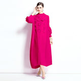 Miyake three-dimensional flower long dress women's new solid color bead applique bubble sleeve disc flower semi-turtleneck pleated dress