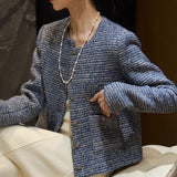 2025 Dream blue shiny silk wool tweed small fragrant short coat  spring new women's collarless top blue