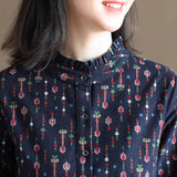 popular autumn new Mori-style printed stand-up collar loose base long-sleeved medium and long waist cotton and linen dress, women
