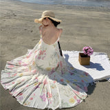 2025 Tea break beautiful  temperament floral suspender seaside vacation fishtail dress waist Sanya thin beach dress