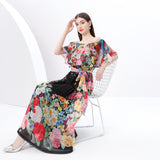women's clothing  early spring - painted holiday one-word shoulder pleated ruffle edge holiday printed long dress