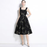 retro square collar sleeveless heavy industry bronzing jacquard waist pendulum dress socialite elegant dress long dress