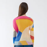 Miyake new color matching bottoming shirt for women's spring and autumn design Korean version round neck slim-fitting long-sleeved t-shirt top for women