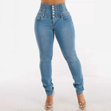 2025 Cross-border  style  new elastic and thin jeans women's button pencil slim-fitting high-waisted hip-lifting trousers