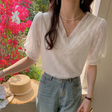 2025 floral chiffon shirt women's short-sleeved loose shirt spring and summer V-neck ruffle edge top design sense niche