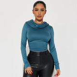 WOLOONG D23TP111 2025 women's clothing autumn new solid color casual hooded long-sleeved exposed navel slim pleated T-shirt top