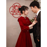 Large size toast dress bride  new long-sleeved burgundy wedding engagement dress large lapel dress