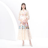 Early Spring - Vacation Wrap Lace-Up Style V-Neck Long Sleeve Vintage Lace Patchwork Printed Dress