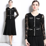 Popular trade year women's clothing temperament socialite  fake two-piece lace crochet pleated long-sleeved pleated dress women