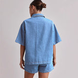 2025 Popular trade New  summer,  women's clothing casual retro loose shirt denim shorts set