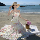 2025 Tea break beautiful  temperament floral suspender seaside vacation fishtail dress waist Sanya thin beach dress