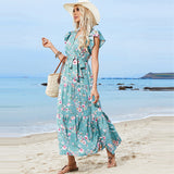 Popular trade women's popular summer girdle V-neck short-sleeved dress Bohemian vacation beach dress