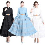 Gentle Wind Temperament Dress Spring Women's Design Sense Hollow Lace Splicing Bubble Sleeve Long Dress Holiday Dress