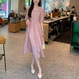 National Style New Chinese Dress  Summer New Temperament V-Neck Short Sleeve Loose Drawstring Waist Skinny Medium and Long Dress