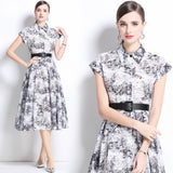 niche retro print dress women's fashion elegant lapel single-breasted waist and thin knee shirt skirt
