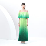 women's clothing  early spring new gradual change holiday wind one-word shoulder ruffle edge holiday printing long dress