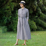Export last order 4 autumn new retro literary plaid cotton and linen dress waist thin shirt skirt women