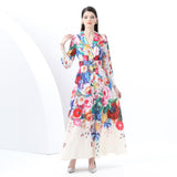 Early Spring - Vacation Style Suit Collar Long Sleeve Wide Swing Wave Edge Floral Print Long Dress