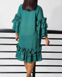 woloong Chic Frilled Hem Bell Sleeve Solid Midi Dress