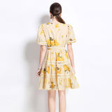 women's clothing  spring and summer new products round neck short-sleeved lace hollow splicing A-word coffee break skirt, short dress