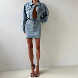 Popular,   new long-sleeved denim dress spring women's  design super short top thin suit short skirt