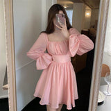 woloong  Pink Sweet Elegant Princess Dress Women Casual Korean Slim Long Sleeve Fairy Dress Female Backless Design Vintage Dress New