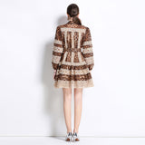 spring retro high-end long-sleeved new hollow lace splicing leopard print dress