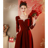 Toast Bride  New Burgundy Engagement Dress One Shoulder Long Sleeve Velvet Wedding Atmosphere Women