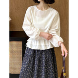 2025  spring new Korean  small stand-up collar double-layer ruffle hem drawstring bow shirt 88003